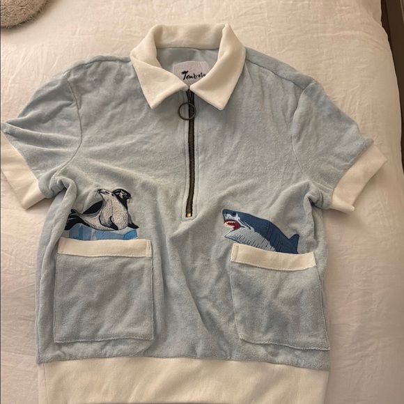 Blue and White Short Sleeve Tee with Quarter-Zip - Picture 1 of 1